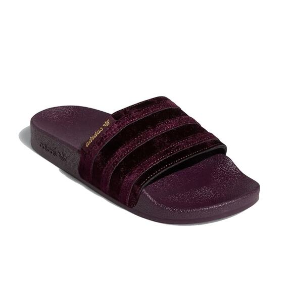 Adidas Adillette Women's Burgundy Metallic Velvet Slide Size 8 Limited Sandals - Picture 1 of 6